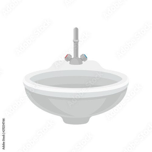 White bathroom ceramic sink with metal mixer faucet, bathroom furniture vector Illustration on a white background