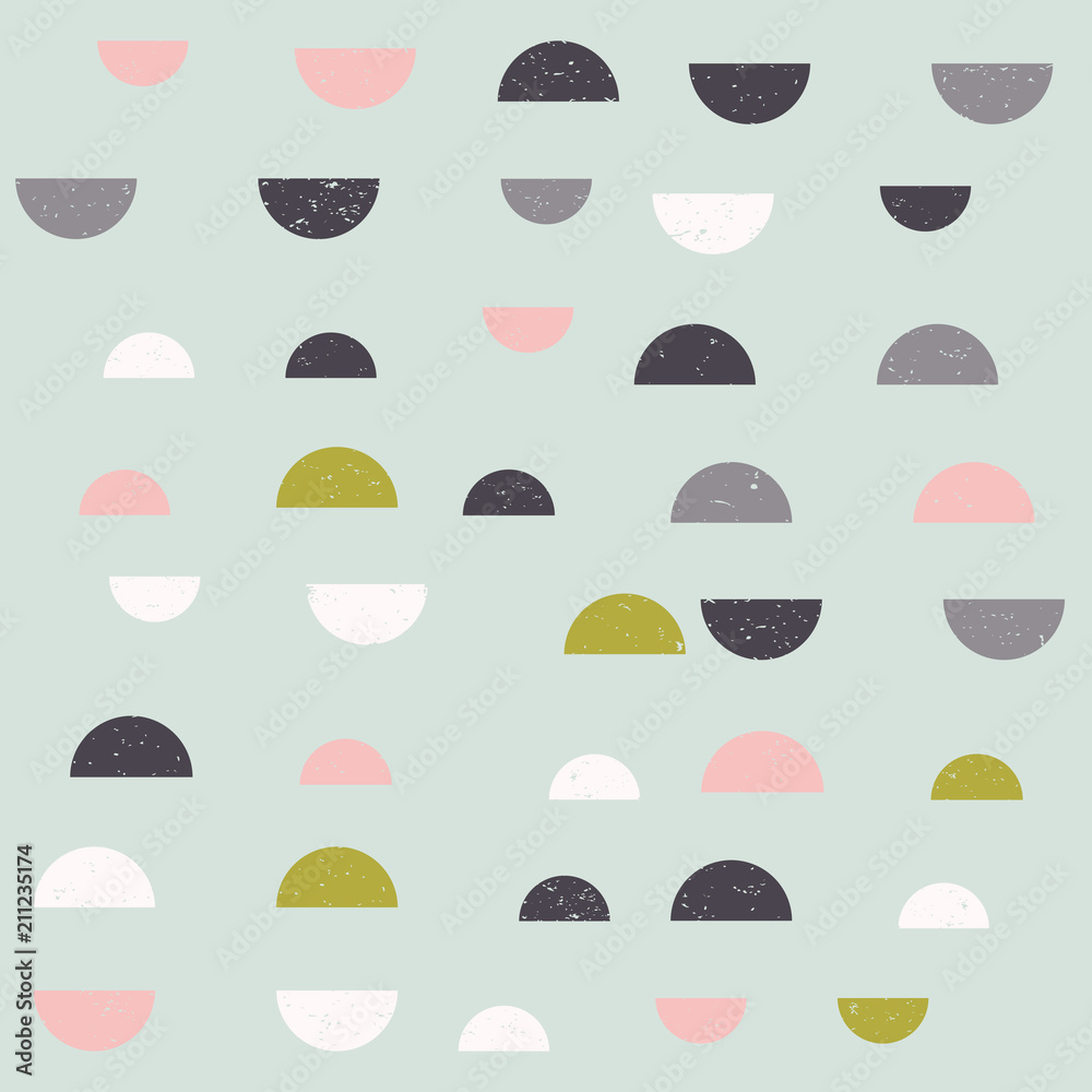 Modern vector abstract seamless geometric pattern with semicircles in retro scandinavian style. Worn out textured shapes in fun soft pastel colors combinations. Modern vector abstract seamless geometric pattern with semicircles in retro scandinavian style. Worn out textured shapes in fun soft pastel colors combinations.