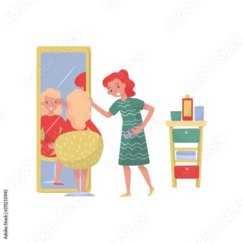 Visagiste doing makeup to young woman at beauty saloon vector Illustration on a white background