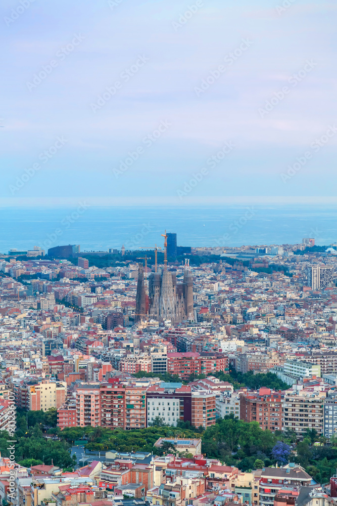 Barcelona, Spain. Panoramic view of the city towards the sea from the hill.
