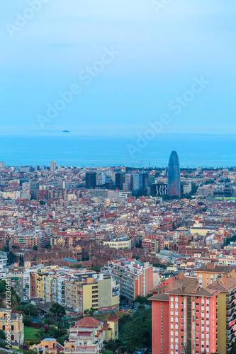 Barcelona, Spain. Panoramic view of the city towards the sea from the hill.