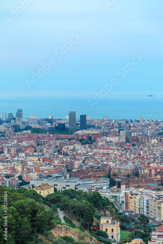 Fototapeta Naklejka Na Ścianę i Meble -  Barcelona, Spain. Panoramic view of the city towards the sea from the hill.