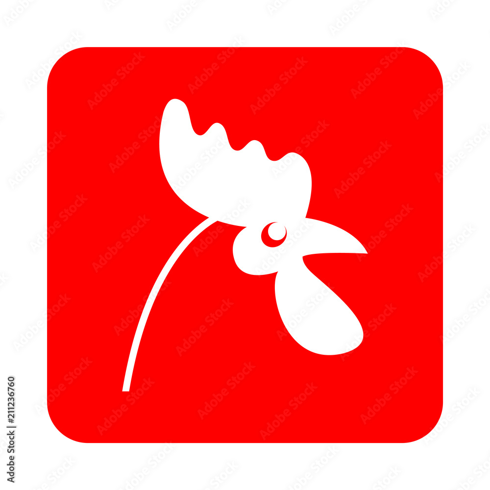 Icono plano cabeza de pollo en cuadrado rojo