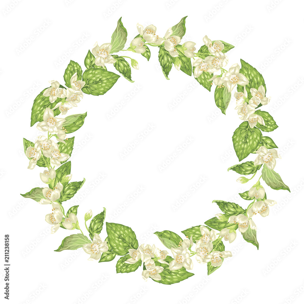 Naklejka premium Circle wreath with jasmine flowers in graphic vector realistic illustration with a lot of tiny flowers