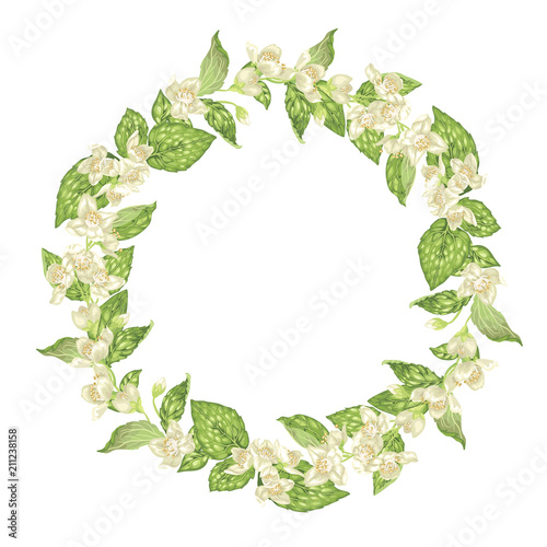 Circle wreath with jasmine flowers in graphic vector realistic illustration with a lot of tiny flowers