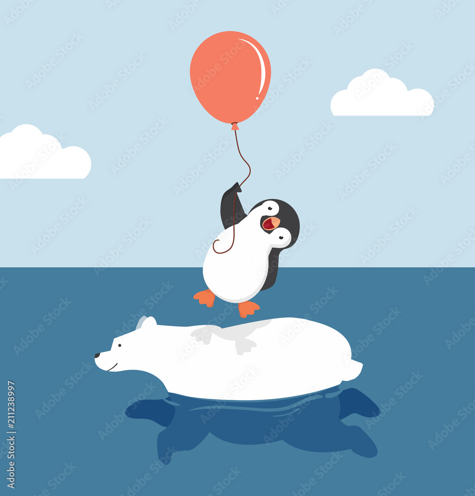 Fototapeta premium Cute polar bear swimming with penguin holding balloon
