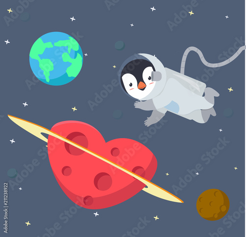 Penguin Astronaut floating in space background