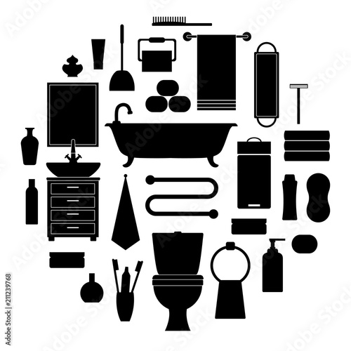 Silhouettes of toiletries icons. Vector stencil. Furniture, sanitation, equipment for the bathroom. Templates