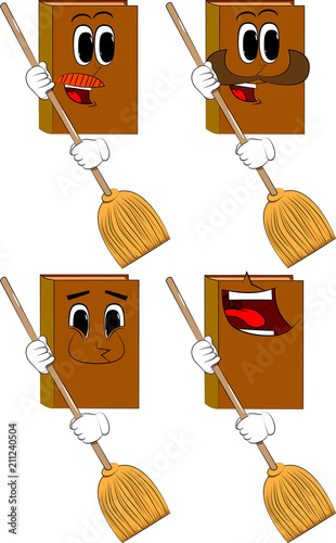 Books holding a broom. Cartoon book collection with happy faces. Expressions vector set.