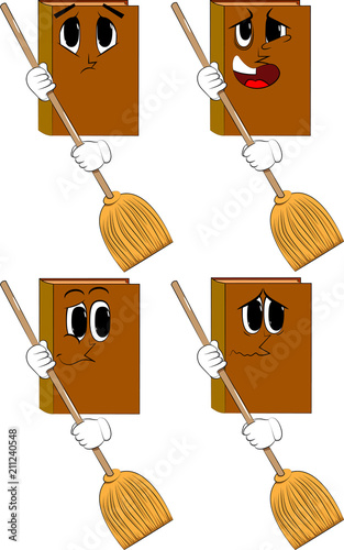 Books holding a broom. Cartoon book collection with sad faces. Expressions vector set.