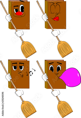 Books holding a broom. Cartoon book collection with various faces. Expressions vector set.