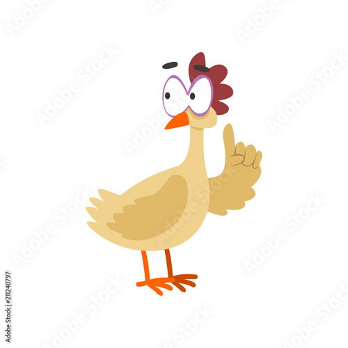 Funny hen with raised index finger, comic cartoon chicken bird character with big eyes vector Illustration on a white background