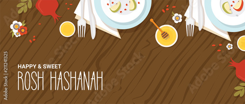 traditional table for Rosh Hashanah, Jewish new year, dinner with traditional symbols. vector illustration template banner design