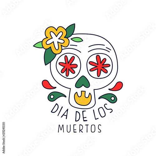Dia De Los Muertos logo, traditional Mexican Day of the Dead design element, holiday party decoration banner, poster, greeting card or invitation hand drawn vector Illustration
