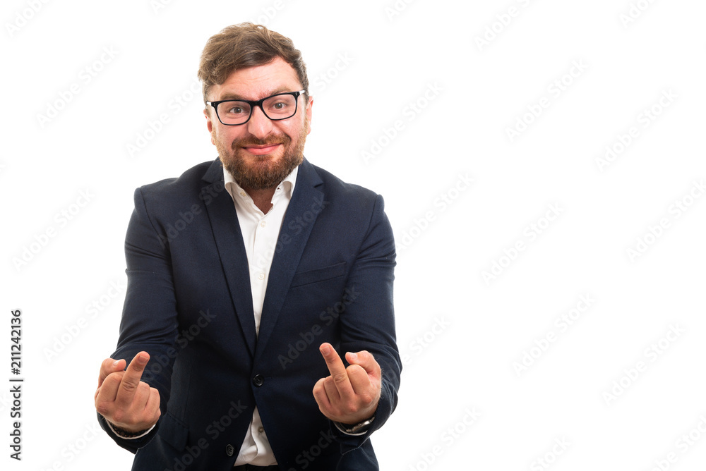 Portrait of business man showing double middle fingers gesture. Portrait of business man showing double middle fingers gesture.