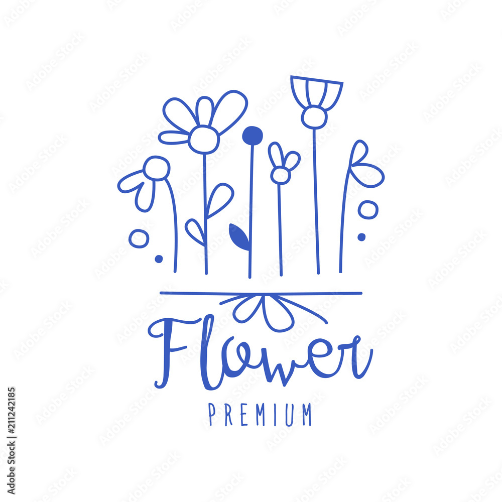 Flower premium, florists, flower shop logo hand drawn vector Illustration in blue color on a white background
