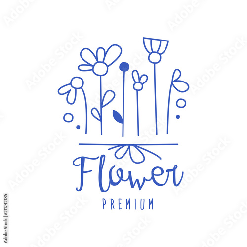 Flower premium, florists, flower shop logo hand drawn vector Illustration in blue color on a white background