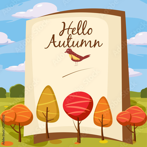 Template Design autumn poster, brochures, posters, postcards Hello autumn. Landscape, cartoon style. Vector. Isolated