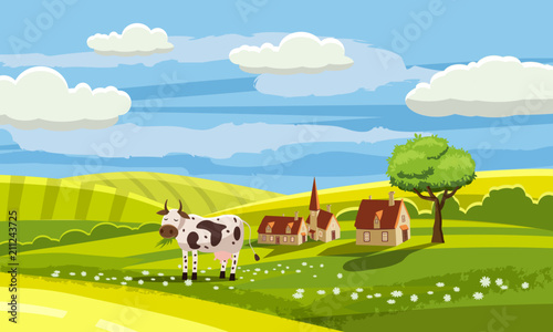 Cute rural landscape with farm, cow, flowers, hills, village, cartoon style, vector, isolated