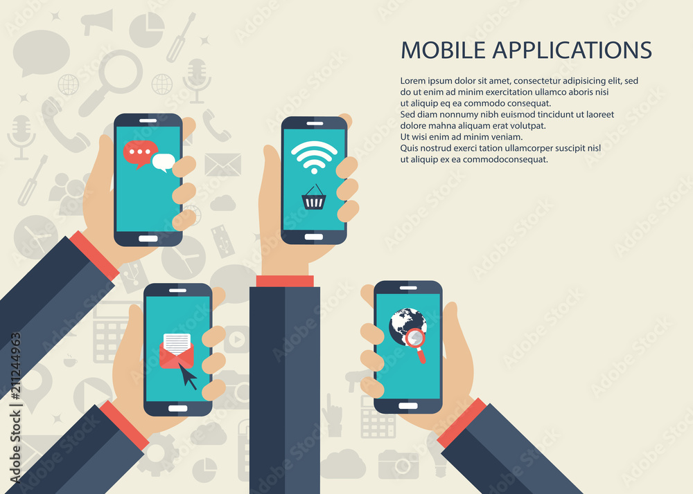 Mobile applications concept. Hands with phones. Flat vector illustration. Mobile applications concept. Hands with phones. Flat vector illustration.