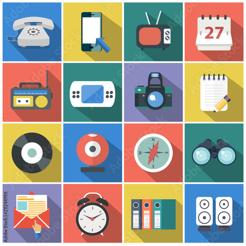 Modern flat icons vector collection with long shadow effect in stylish colors of web design objects, business, office and marketing items