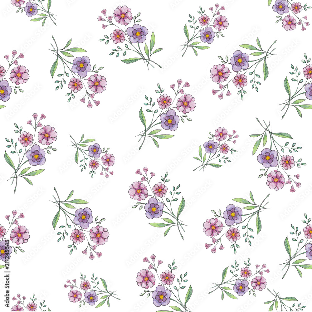 Pattern Flowers watercolor illustration. Manual composition. Mot