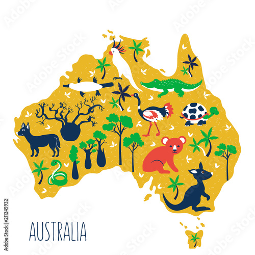 Australia cartoon travel map, vector colorful illustration, wild australian animals and trees, decorative symbols flat style isolated on white background, for design zoo alphabet, cute baby poster