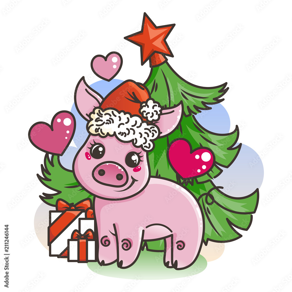 Fototapeta premium Happy New 2019 Year card with cartoon baby pig. Small symbol of holiday.