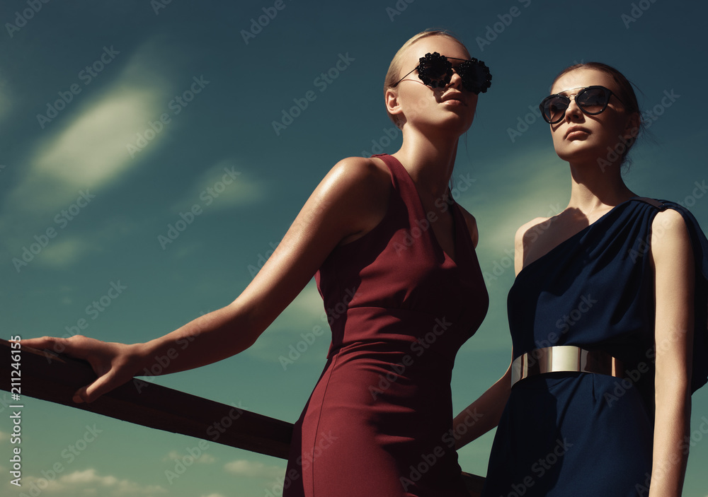 Two fashion models pose against the background of the Sunny sky - obrazy, fototapety, plakaty 