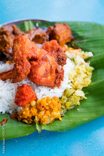 Photography Malaysian banana leaf buffet meal