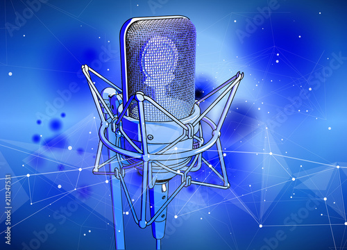 A professional microphone on a blue technological background is surrounded by a sound wave. Atmosphere of sound recording studio, chamber concert, night disco club or karaoke club / vector