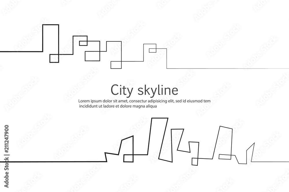 Silhouette of the city in a flat style. Modern urban landscape. Vector illustrations. City skyscrapers building office horizon.Continuous line drawing Silhouette of the city in a flat style. Modern urban landscape. Vector illustrations. City skyscrapers building office horizon.Continuous line drawing