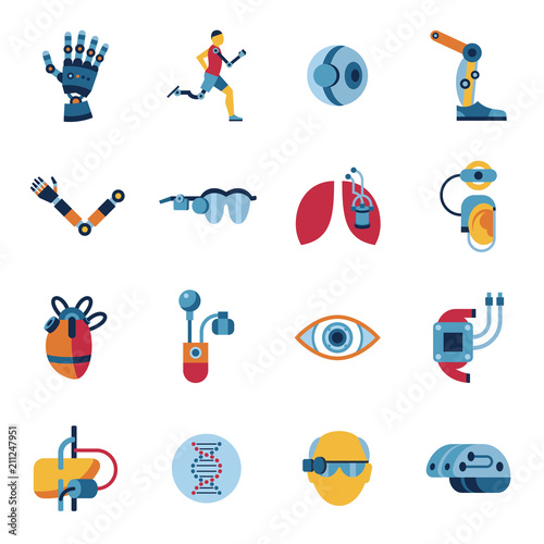 Bionics and artificial intelligence icon set