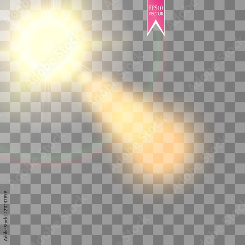 Lens flare effect isolated on transparent background. Glow flashlight illustration. Vector lights