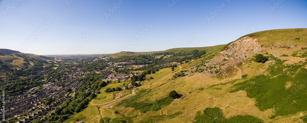 Aerial overhead view of houses in the Welsh Valley of Blaenau Gwent