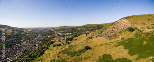 Aerial overhead view of houses in the Welsh Valley of Blaenau Gwent
