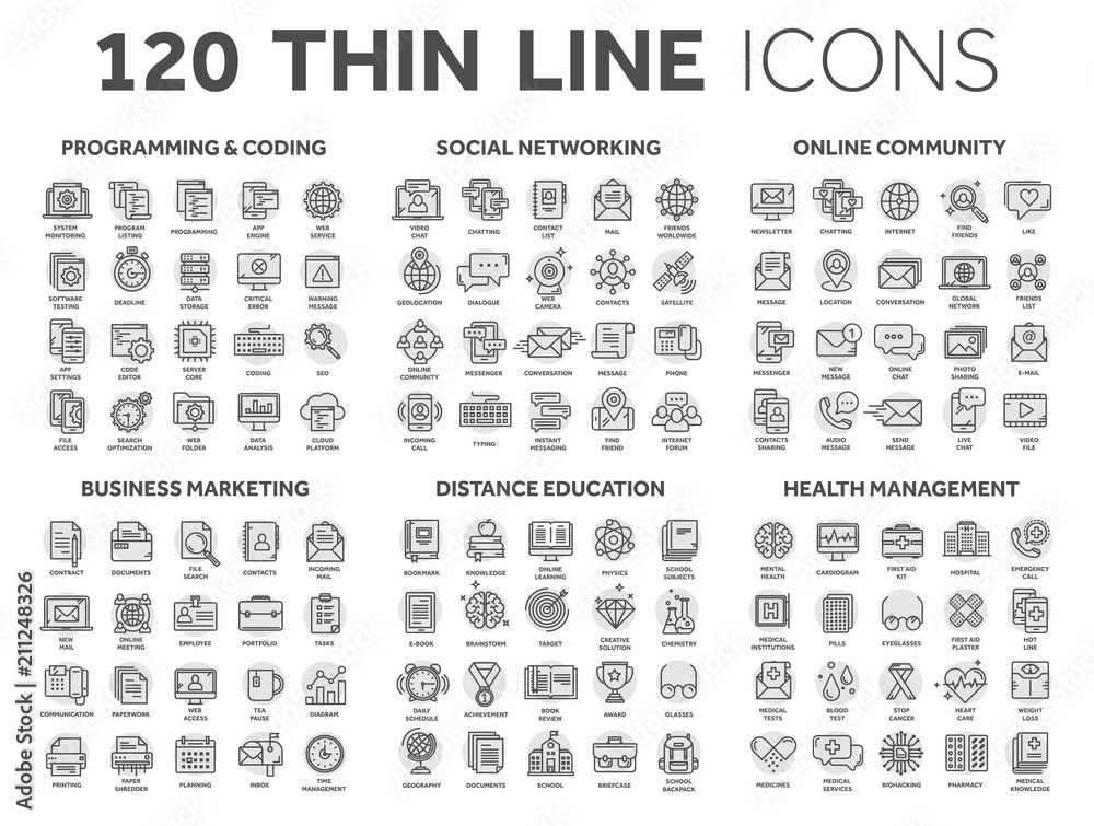 Programming,coding. Data management. Social network, computing. Information. Internet connection. Business marketing. School and education. Medicine. Thin line black icons with circle set. Stroke.