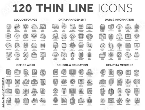 Cloud storage. Data management. Computing. Information. Internet connection. Office work. School and education. Medicine. Thin line black icons with circle set. Stroke.