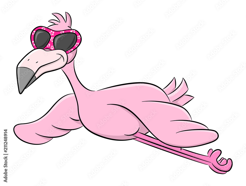 Fototapeta premium fliegender Cartoon Flamingo mit Sonnenbrille 
