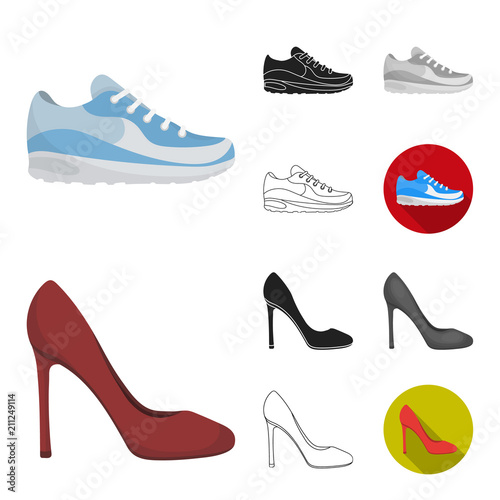 A variety of shoes cartoon,black,flat,monochrome,outline icons in set collection for design. Boot, sneakers vector symbol stock web illustration.