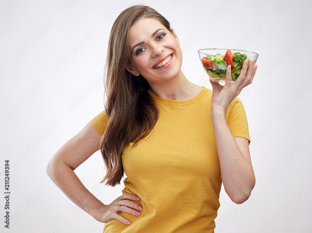 portrait on white background of woman holding glass bowl with v portrait on white background of woman holding glass bowl with v