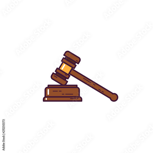 Judge gavel banner. Judge wooden hammer. Law and judgement concept. Verdict and punishment symbol. Line style flat vector illustration.