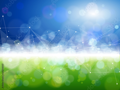 blue green bokeh - environment ecology concept - abstract image of grass & sky connected by a white digital wave created from points and lines - as an image of innovation, modern technology & science