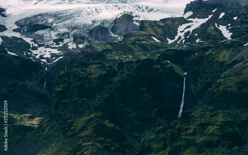 beautiful icelandic scenery with glacier and grassland, covered in clouds picturesque