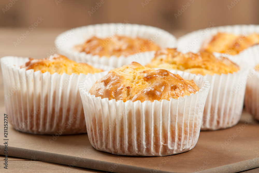 Homebaked Ham And Cheese Muffins In Paper Cases. Homebaked Ham And Cheese Muffins In Paper Cases.