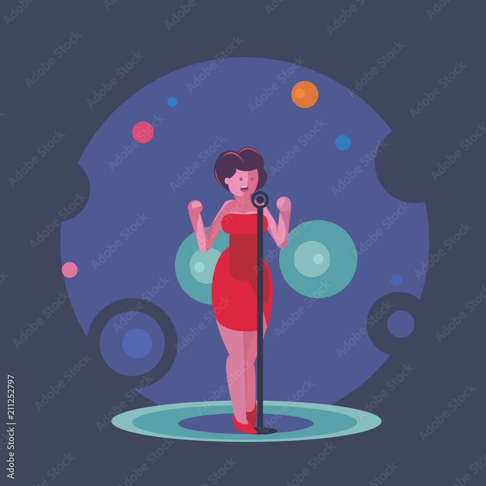 Beautiful lady singer in red dress and singing on the stage. Vector illustration Beautiful lady singer in red dress and singing on the stage. Vector illustration