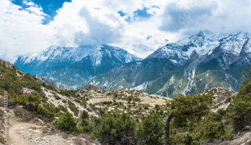 Mountain landscape with trees, bushes and snowy mountains, Nepal. © Valery Smirnov