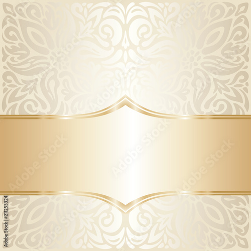 Floral wedding invitation wallpaper trend design in ecru & gold, with blank space gentle shiny mandala