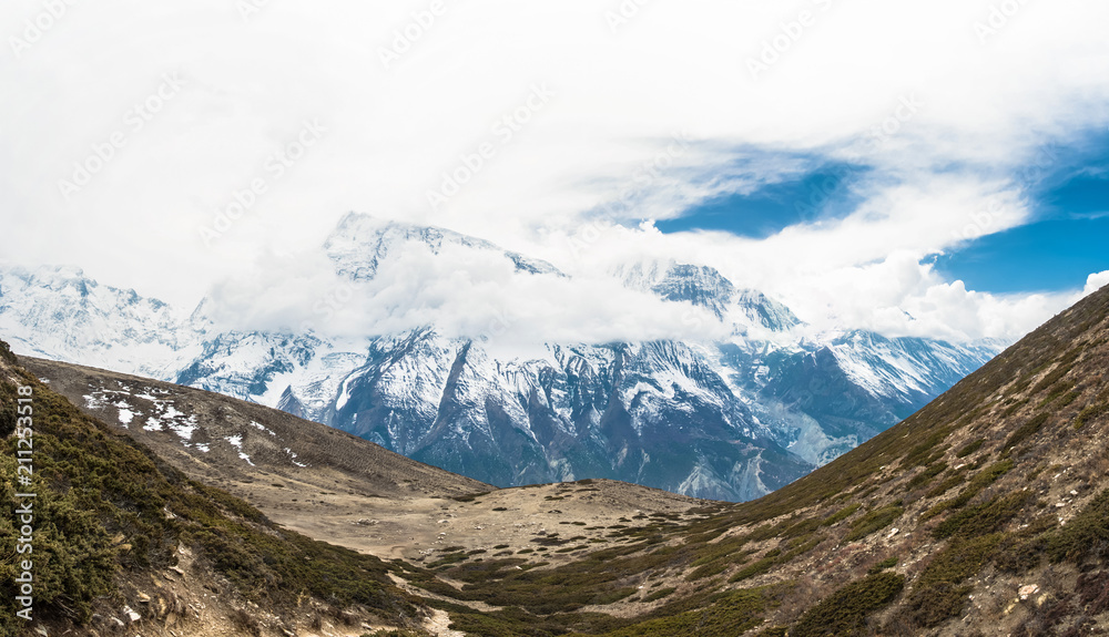 Mountain landscape with snowy mountains, Nepal.
