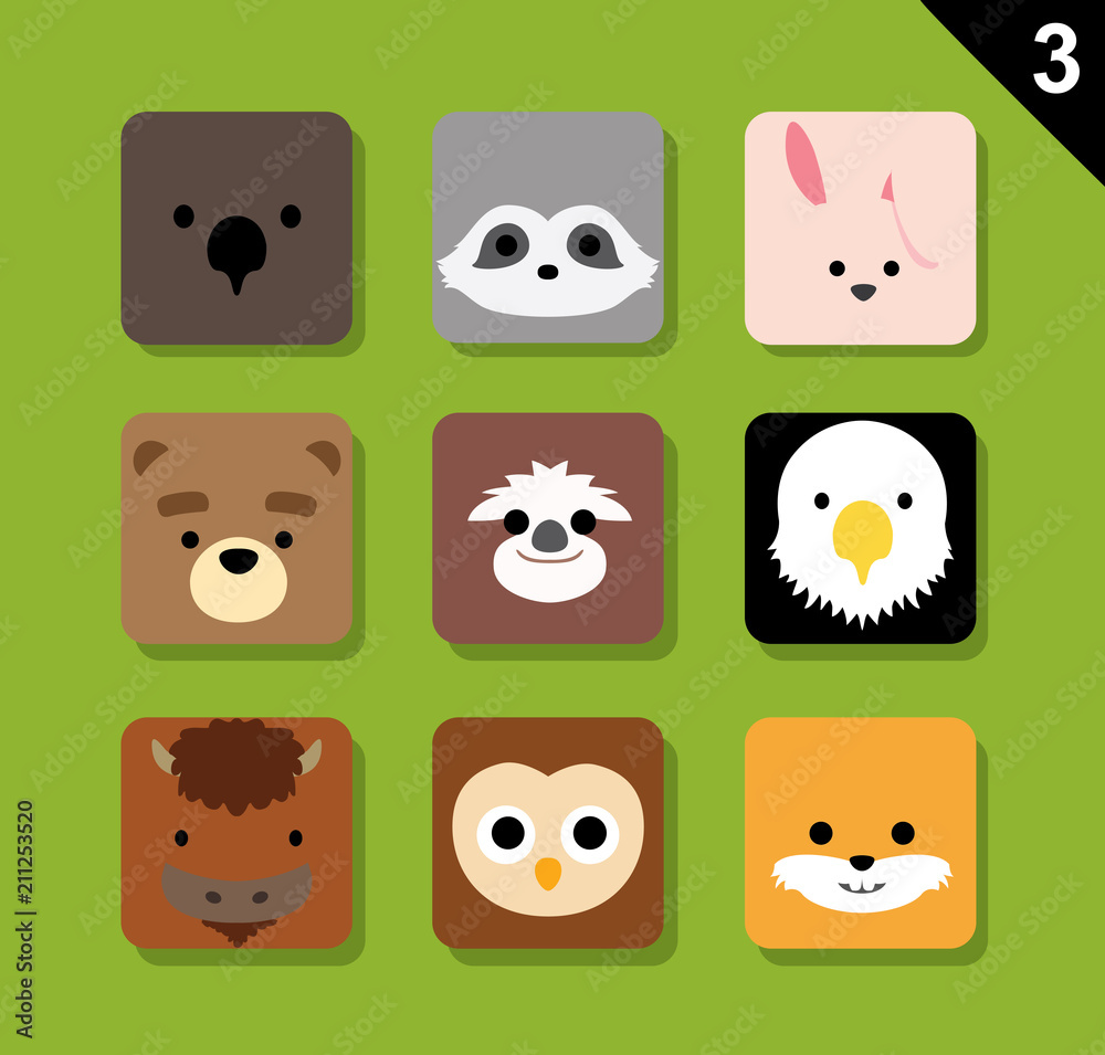 Obraz premium Flat Animal Faces Application Icon Cartoon Vector Set 3 (US)